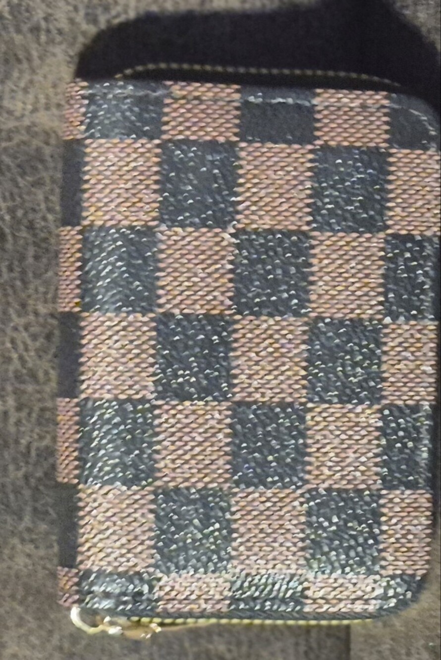Checkerboard Zip-Around Wallet in Brown and Black